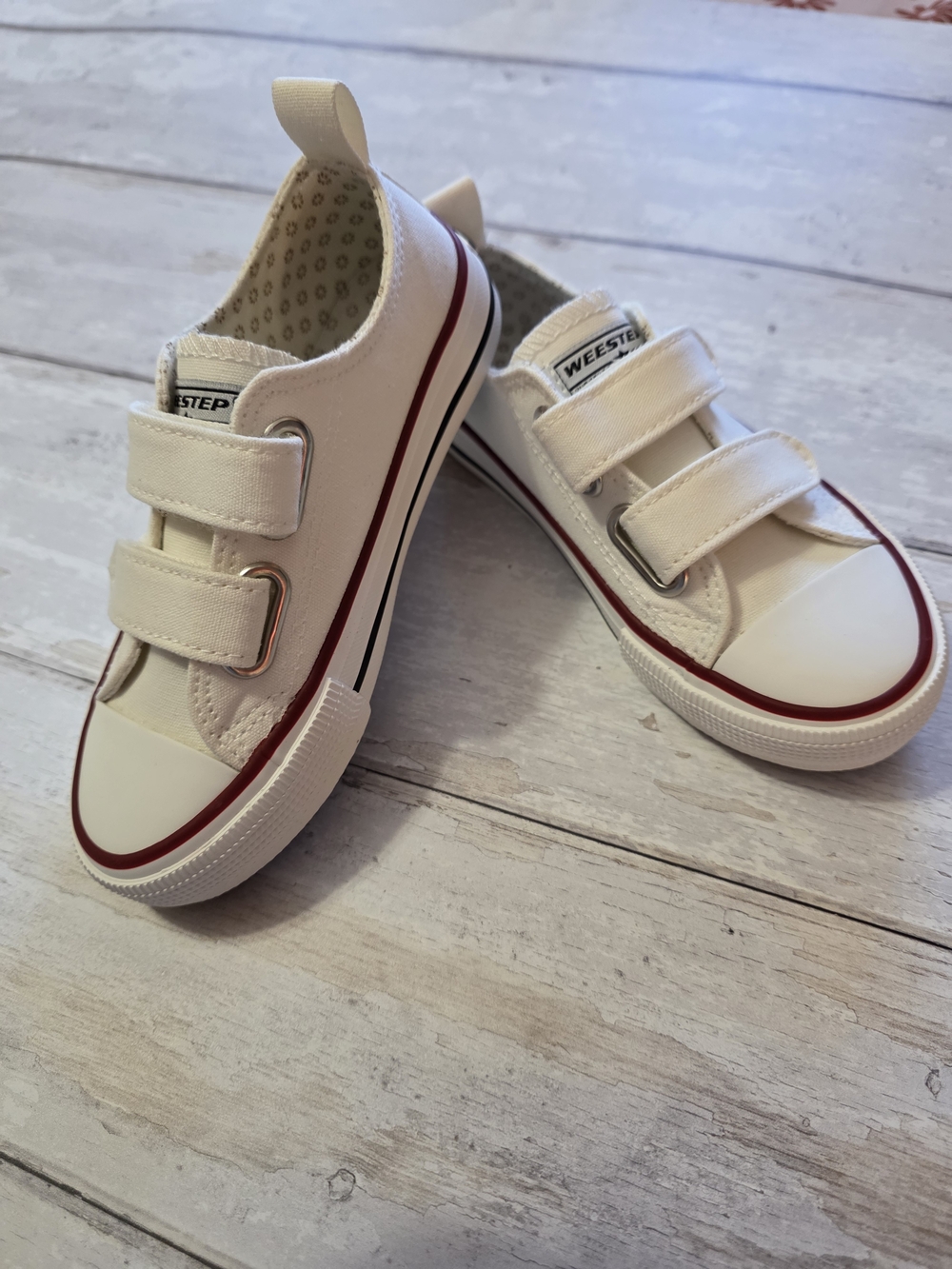Kids White Canvas Sneakers with Red Trim and Double Velcro